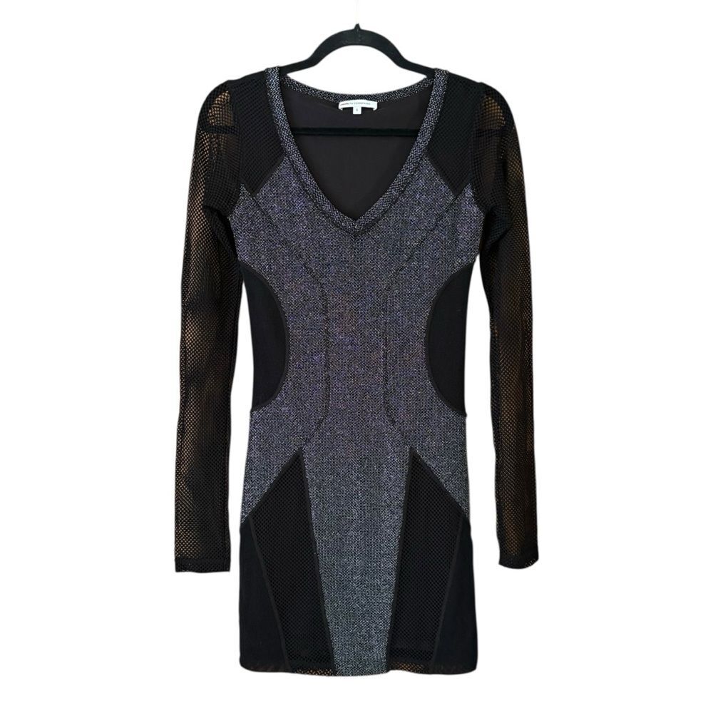 Faith Connexion Black Silver Mesh Long Sleeve Mini Dress Size Small Edgy Bold